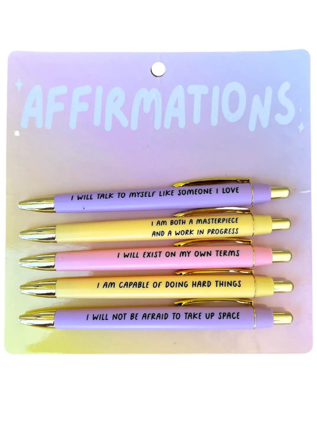 a 5 pack of pens with different words of affirmation on each pen.