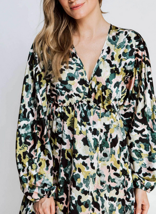 Up close view of model wearing the ZHRILL Reflection Printed Dress. White background.