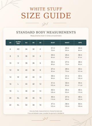 A size guide chart for White Stuff, showing standard body measurements in a table format with columns for UK, Alpha Size, EU, US, Bust, Waist, and Hips. The header reads 'WHITE STUFF SIZE GUIDE' in a warm beige design.