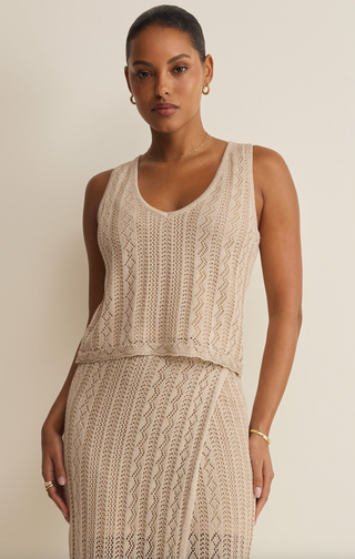 Front view of Z Supply Glimmer Sweater Tank in gold metallic featuring v-neckline and Golden Goddess yarn
