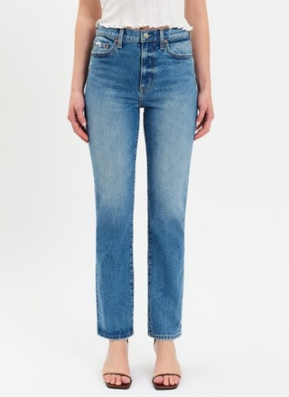 Front view of Daze Smarty Pants High Rise Slim Straight Jeans in medium wash.