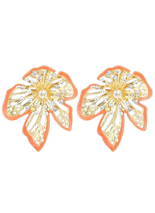 Gold and orange floral earrings on a white background