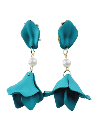 Turquoise flower-shaped earrings with pearl-like beads on a white background