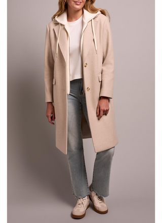 Tribal cream trench coat with fooler hoodie and button detailing.