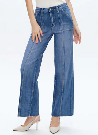 front view of model wearing the Bayeas Jess Hugh Rise Staright Jean.