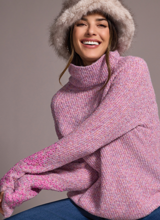 Front view of Tribal Eloise Embroidered Sleeve Sweater in pink featuring turtleneck and decorative embroidered sleeves