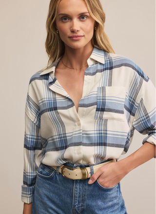 Front view Z Supply River Plaid Shirt in cream and blue, button front and chest pocket