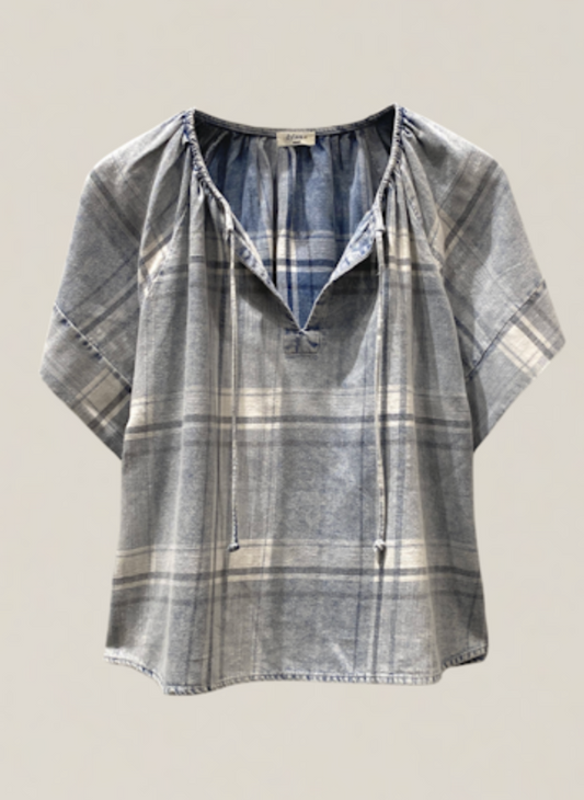 A short-sleeved plaid top with a round neckline and no visible brand marking.