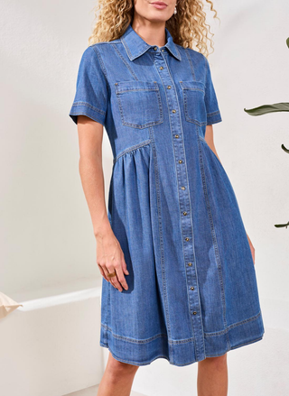 Tribal Button Down Denim Dress front view in medium indigo with button-down front and pleated pockets.