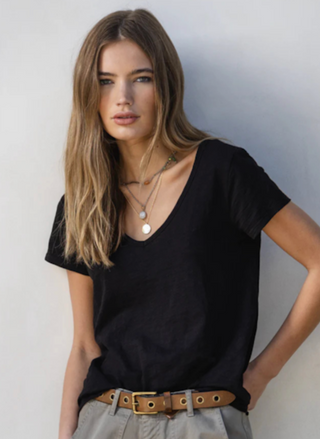 Front view of Dylan Softness Slub V-Neck Tee in black featuring flattering v-neckline and subtle slub texture