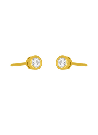 FYB Marisol Bezel Studs featuring petite 3mm round clear stones in polished gold-tone bezel settings with stud posts, displayed as a pair against a white background.