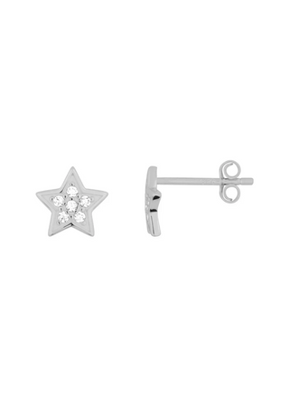 FYB Starry Eyed Studs featuring petite silver-tone five-point star earrings with sparkling clear stone accents, shown from the front and side with post and butterfly-back closure against a white background.
