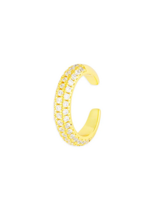 FYB Tory Ear Cuff in gold featuring a curved open design with multiple rows of sparkling clear stones, displayed against a white background.