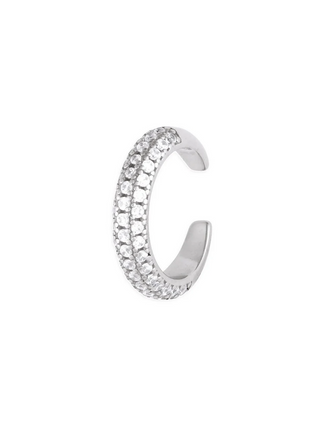 FYB Tory Ear Cuff in silver featuring an open curved silhouette lined with rows of sparkling clear stones, photographed against a white background.