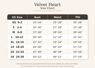 Velvet Heart size chart for clothing measurements